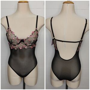 Bed Of Roses floral embroidered lace sheer bodysuit size S
